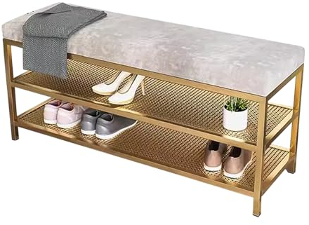 MARIYCH Samt-Schuhregalbank, Moderne gepolsterte Eingangsbank, 3-stufige Bettbank mit goldenem Metallrahmen, 2-in-1-Ottomane-Bank für Schlafzimmer