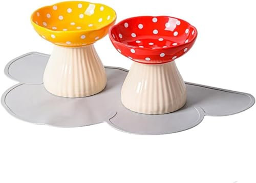 Lot de 2 gamelles surélevées en céramique pour Chat en Forme de Champignon, Gamelle surélevée en céramique pour Chat et Petit Chien, gamelle surélevée Anti-vomissements, 300 ML, Rouge et Jaune