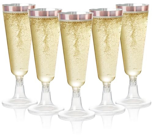 MATANA 48 Premium Elegant Plastic Champagne Flutes with Rose Gold Rim, 150ml - Reusable Toasting Glasses, Cocktail Prosecco Glasses for Weddings, Birthdays, Christmas, Parties