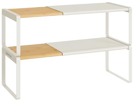 SONGMICS HOME Étagère à Épices, Lot de 2, Extensible, Organisateur de Cuisine, Porte-épices, Petite Étagère, Empilable, Organisateur, Banc à Chaussures, Beige Naturel et Blanc Crème KCS051N01