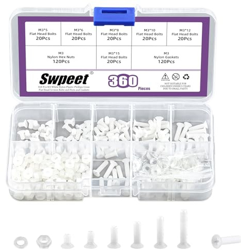 Swpeet 360pcs 6 Größen M3 weiße Nylon Phillips Kreuz Flachkopf Schrauben mit Muttern und Dichtungen Sortiment Kit, Nylon Gegensenk Flachkopf Schrauben, Länge 5/6/8/10/12/15mm