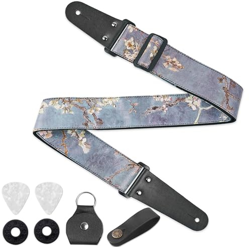 Czzmy Verstellbarer Gitarrengurt mit 2 Gurtschlössern und 2 passenden Plektren. Leder-Enden, Gitarren-Schultergurt, geeignet für Akustikgitarre, E-Gitarre, Geschenk für Gitarristen, 1 x Pfirsichblüte