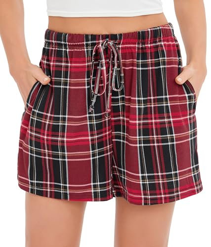 Lovasy Bas de Pyjama Femme Short de Pyjama d'été en Coton à Carreaux Léger Short de Nuit Grande Taille Plaid Noir et Rouge M
