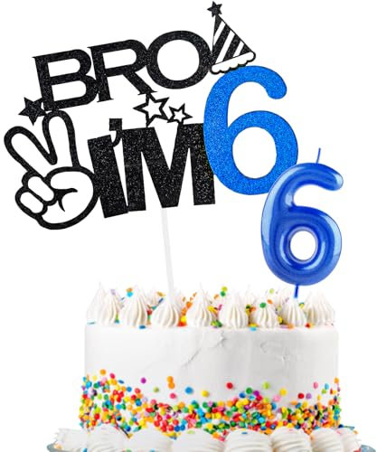 Bro I'm 6 Cake Topper & Happy Birthday Number 6 Candle for Boys 6th Birthday Cake Supplies Big Brother 6th Birthday Party Decorations