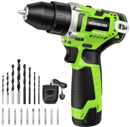 WorkBless 12V Cordless Drill, Brushless Power Drill with LCD Smart Display, 30 Torque Setting, 3/8'' Keyless Chuck, 18Pcs Drilling Driver Bits, 2.0Ah Battery & Charger Included(Green)