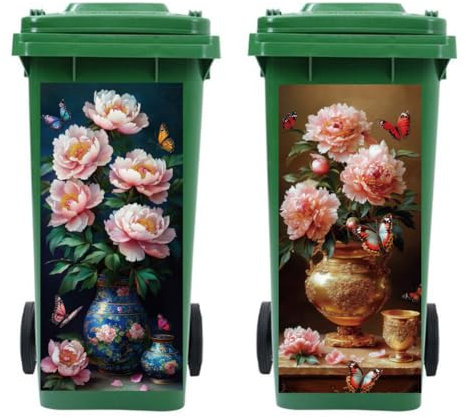 Peacoblue Wheelie Bin Stickers 2 Sheets Vintage Vase with Peony Sticky Dustbin Stickers, 15in x 32in Waterproof Self Adhesive Large Decal for Bins, Driveway, Garden, Outdoor, Indoor Decoration