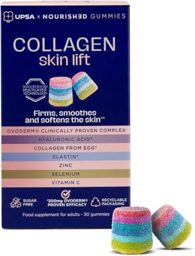 UPSA x Nourished 7-in-1 Skin Lift Collagen Gummies 30 Vegetarian Gummies | Vegeterian Ovoderm® Complex, Vitamin C, Elastin, Hyaluronic Acid, Multivitamins,Skin Firmness, 30 Sugar-Free Gummies