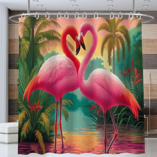 Rideau de Douche Flamants Roses Palmiers Végétation Tropicale Rideaux de Douche Imperméable Anti Moisissure Rose Polyeater Tissu avec 12 Crochets pour Accessoires De Salle De Bain (180 x 180 cm )