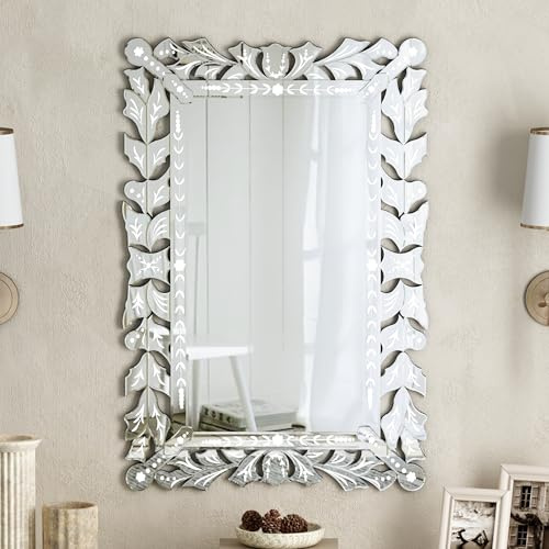 SHYFOY Venezianischer Wandspiegel – 90 x 59,5 cm Rechteckiger Dekorativer Spiegel für Wohnzimmer und Schlafzimmer – Handgefertigtes Design mit Kristallen