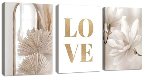 FajerminArt 3 Pcs Boho Liebe Beige Leinwandbilder Bilder mit Rahmen, Modern Weiß Magnolia Cattail bild auf leinwand Wandkunst Wandbilder Kunstdruck Deko Bild für Wohnzimmer Schlafzimmer 30x40cmx3Pcs