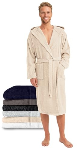 Twinzen Albornoz Hombre Ducha 100% Algodón - Albornoz rizo, Suave, Absorbente, Oeko-Tex - Beige, Talla L