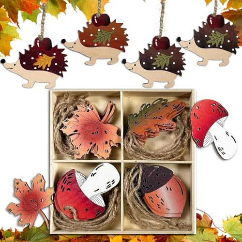 28 Stück Holz Deko Hänger Herbst Dekoration, 7cm Autumn Decor, Ahornblatt Kiefernzapfen Pilz Blätter Igel, Fenster Deko Hängen für Herbstdeko Erntedankfest Halloween, Herbstdeko Draußen Innen