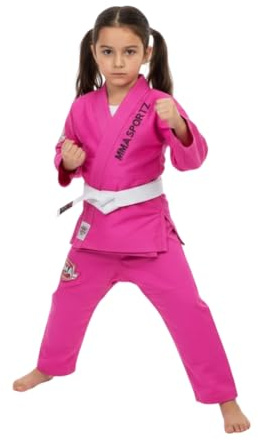 MMA SPORTZ Jiu Jitsu Gi for Kids & Teens – Lightweight Karate Uniform Martial Arts Suit with Free White Belt (Pink, M-2)