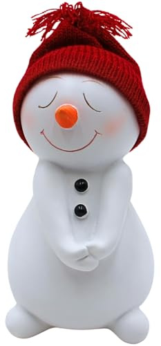 Dekohelden24 Lustiger XXL Schneemann, Schneekind, Keramikschneemann, Dekoschneemann, Winterkindfigur, große Schneefigur mit roter Mütze, L/B/H 12 x 12 x 19 cm.