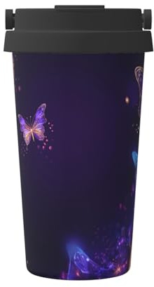 Mexpekil Insulated Coffee Cup Travel Mug with Leakproof Lid Purple Butterfly Fantasy Animal Thermal Cups for Hot Drinks 500ml