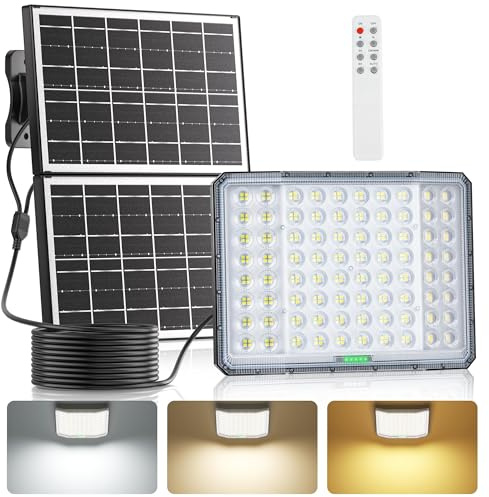 Giliwosy Lampada Solare LED da Esterno con Timer e Telecomando, Faro LED 15000mAh, Dimmerabile 3000/4000/6500K, Impermeabile IP66 per Giardino, Cortile e Esterni