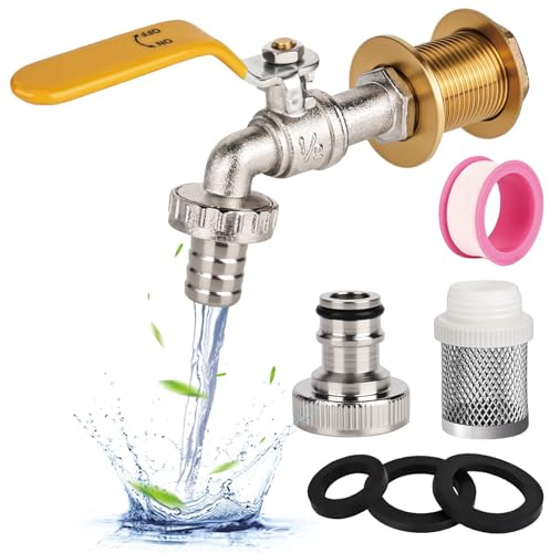 XCWTBL Water Butt/Rain Barrel Outlet Garden Brass Tap with Kit 1/2 Inch Water Faucet Rust and Frost Water Hole Adaptor/Connector 1/2 Inch IBC Water Butt Tap Outdoor Tap Kit (Yellow)