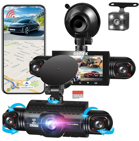 360 Degree View 4 Channel Dash Cam 5G WiFi & App Control, GEMEK 2K Front and Rear Inside, Left and Right Dash Camera for Cars, Free 64GB TF Card, G-Sensor, Night Vision, 24-Hour Parking Mode