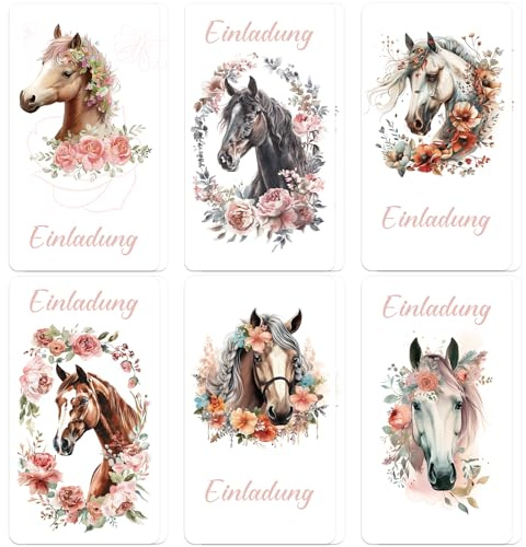 Urker Pferde Einladungskarten Kindergeburtstag Mädchen Jungen,12 Stück Einladung Geburtstag，6 Liebevolle Aquarell-Pferde-Designs mit Blumen für Kindergeburtstag & Pferde-Party
