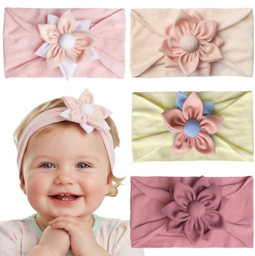 BAHME 4 Pezzi Fasce Bambina Neonata, Floreale Copricapo, Elastici Fascette, Fascia Capelli Neonata, Morbido Accessori per Capelli Fatti a Mano per Neonati Bambini Bambine