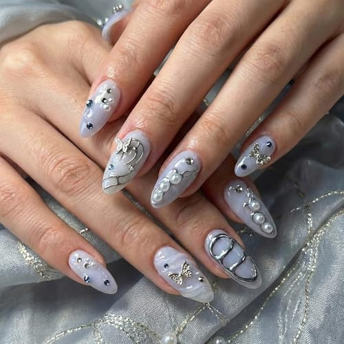 Cosblisvia 24Pcs Press On Nails Short Almond, Blue Ombre 3D Butterfly False Nails For Women, Girls, Teens, Fake Nails Kit For Party, Date, Salon DIY Manicure (Blue)