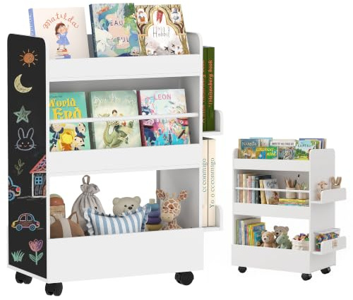 AIYAPLAY Kinder Bücherregal 4 Regalen für 3–8 Jahre 66,5x32,5x86,5 cm Weiß | Bodenfach, 2 Seitenteile, Doppelseitiges Kinderbücherregal, Tafel, Rollen, Kinderregal Kinderzimmer, Spielzimmer