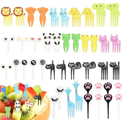 SamHeng Mini Cartoon Fruit Fork, 44 Pcs Plastic Animal Shaped Food Picks | Cute Cake Picks, for Dessert Fruit Sandwich, for Party Picnic Lunch Box