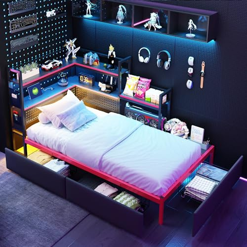 Letto Singolo 90 x200cm con illuminazione a LED e Porte USB, 3 Cassetti, Pannello Forato e Ripiani Laterali, Struttura letto in Metallo in stile Gaming per Camere di Ragazzi e Adulti (Senza Materasso