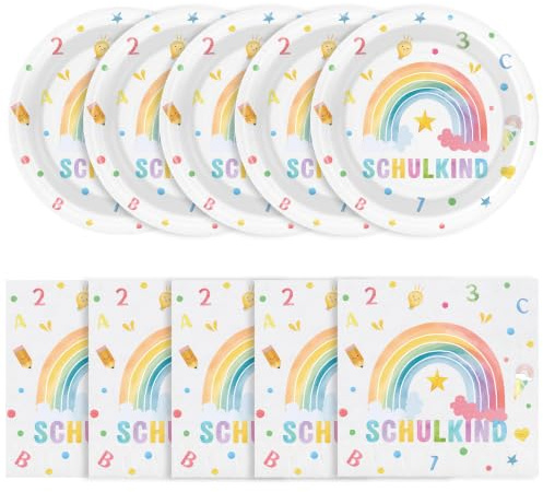 50 Stück Servietten und Pappteller für Einschulung, Partyset aus Papier | Tischdeko für Schulanfang und Schuleinführung, Teller 18 cm, Servietten 33 cm