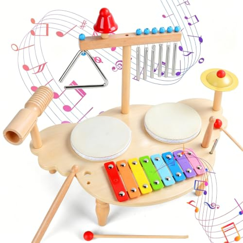 7-i-1 Montessori trumslagarset för barn från 3 år, trämusikinstrument | Barntrumma set med xylofon, trumma, triangel och klockor, sensorisk pedagogisk leksak present för pojkar flickor