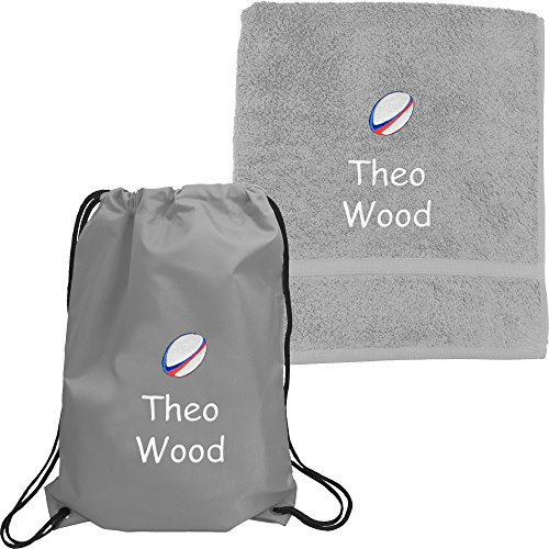 TeddyTs Personalised Name & Rugby Ball Sports PE Drawstring Bag & Towel Set (Grey)