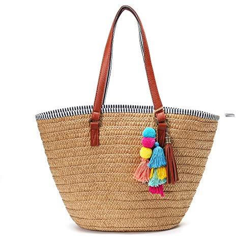 Solyinne Sac de plage en paille - Grand sac en paille tissée - Sac fourre-tout pour femme - Sac fourre-tout d'été avec pompon pour voyage, A-marron., Large