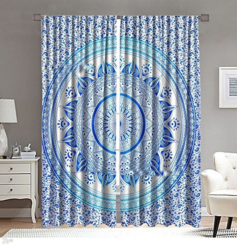 GDONLINE Blaue Ombre Mandala Wandbehang Baumwolle handgefertigt indisches Mandala Fenster Tür Vorhänge Drom Dekor Balkon Wandpaneel indische Mandala Vorhänge 203 x 27 Zoll je Twin Size Vorhänge