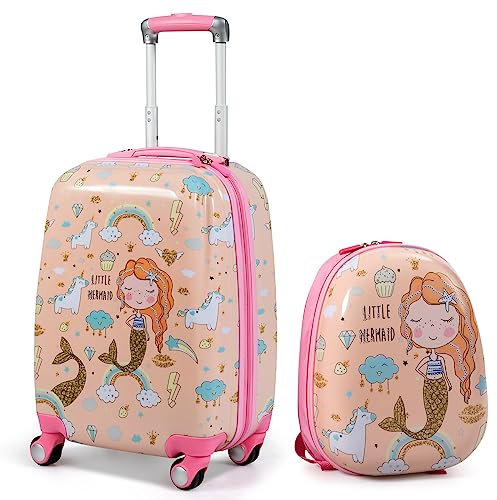DREAMADE Valise Roulette Enfant 18 et Sac à Dos 12 avec Poignée Réglable Bagage Cabine Enfant 3+Ans avec Roues Pivotante 360° Bagage à Main Fille et Garçon Charge 50KG+8KG (Sirène)