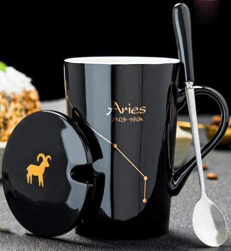 Keramikbecher 12 Sternbilder Kreative Becher Mit Löffeldeckel Schwarz Und Gold Porzellan Tierkreis Milch Kaffeetasse Trinkgeschirr Paar Tasse, BK 2PCS Baiyang