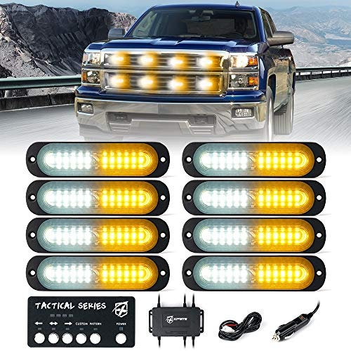 Xprite LED Surface Mount Strobe Lights Kit, White Amber Grill Grille Emergency Warning Flashing Marker Light Warning Light Assemblies for Trucks Vehicles ATV RV Cars Van - 8PCS