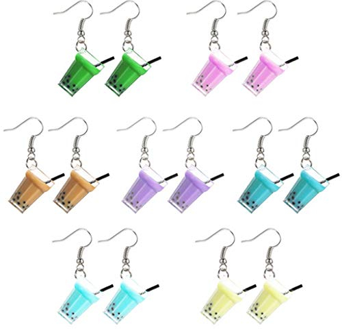 Daimay 7 Paar Einzigartige Bubble Tea Milk Getränk Tropfen Ohrring Wasser Tasche Baumeln Haken Ohrringe Lustige Acryl Anhänger für Mädchen Frauen Einzigartig mit Haken