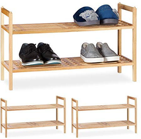 Relaxdays 3 x Schuhregal stapelbar, Schuhablage mit je 2 Etagen, Walnuss Holz, je bis zu 6 Paar Schuhe, HBT 41 x 69 x 27 cm, Natur