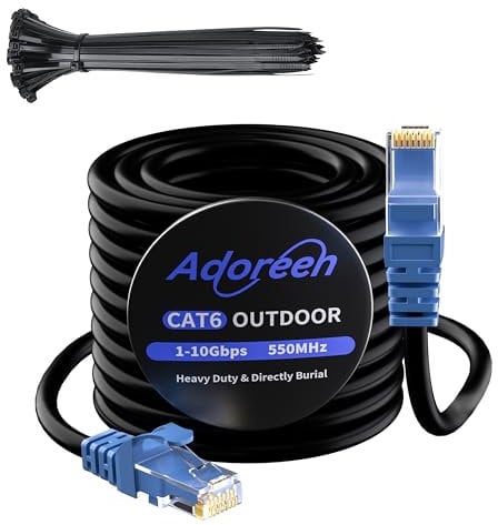 Adoreen Cable Ethernet Cat 6 para exteriores de 100 pies, color negro, cable de red de Internet largo de alta velocidad para cámara POE Cat 5 5e RJ45 LAN, resistente al agua, entierro directo + 25