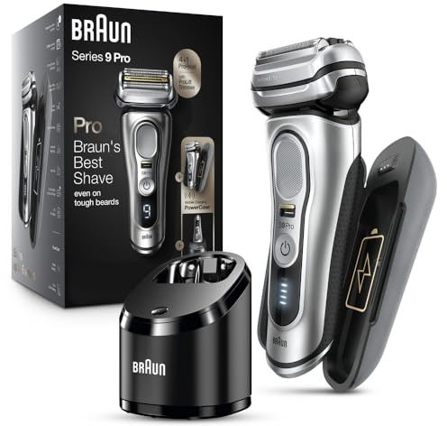 Braun Electric Razor for Men, Waterproof Foil Shaver, Series 9 Pro 9477cc, Wet & Dry Shave, with Portable Charging Case, ProLift Beard Trimmer, 5-in-1 Cleaning & Charging SmartCare Center, Silver