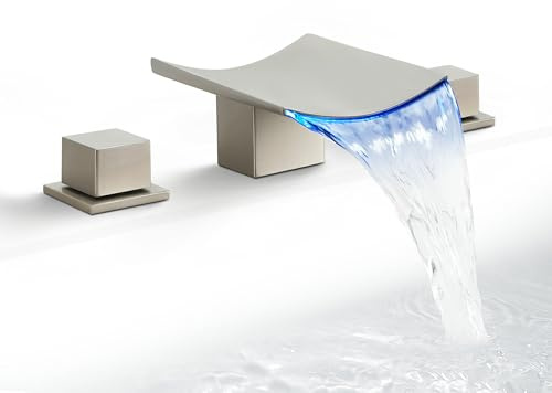 SKOWLL Brushed Nickel Bathroom Faucet, 8 Widespread LED Waterfall Faucets 3 Hole, Modern Vanity Sink Faucets, 2 Handle Deck Mount
