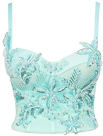 YAOTT Damen Korsagen Spaghetti-Träger-Korsett Camisole-Bustier Crop-Top-Unterwäsche Rückenfrei Perlen Pailletten Blumen Glitzer Party BH Dessous-Überbrust Korsetts Shapewear Outfit Corsage Grün M