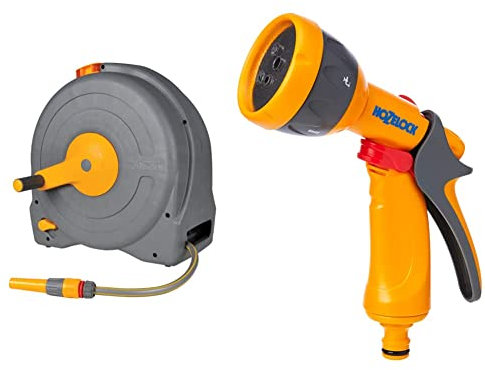 Hozelock Ltd Hozelock 2494R0000 Free Standing Fast Reel with 40m hose HZ2676P0000 Spray Gun, Multi-Colour