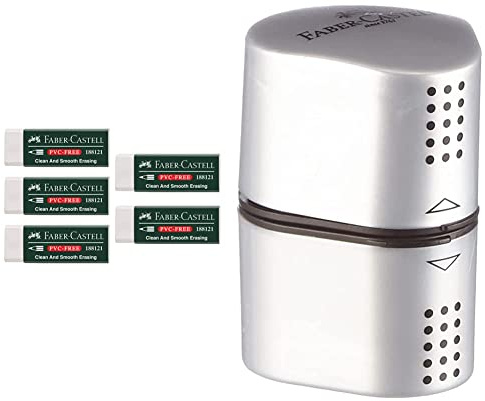 Faber-Castell 205002 - Radierer 188121, PVC-Free, Kunststoff, weiß, 5 Stück & 183800 - Dosenspitzer Grip