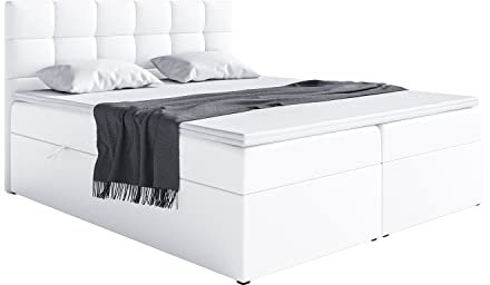 MEBLINI Boxspringbett mit Bettkasten - Gepolstert Doppelbett mit Matratze und Topper - Polsterbett mit Stauraum - Bett mit Kopfteil - Stauraumbett - TAPO 2-140x200 - H3/Weiß Kunstleder