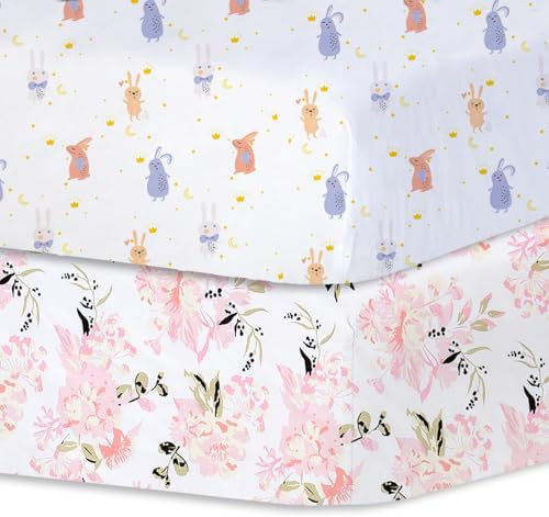 Bimocosy Spannbettlaken Spannbetttücher für Babybetten Kinderbett, atmungsaktives Mikrofaser Matratzenbettlaken, Oeko-TEX Zertifiziert, 60x120cm, 2er, Blumen/Häschen