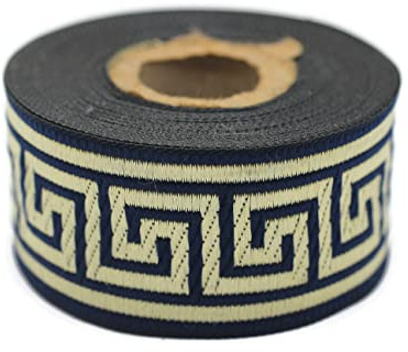 35062 Band mit Jacquard-Bordüre, 3,5 cm breit, marineblau und goldfarben, besticktes Band, gewebte Bordüre, Vintage-Bordüre