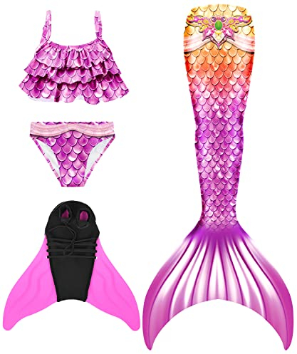 Pyjacos meerjungfrauenflosse mädchen Badeanzug - Meerjungfrau Flosse Bademode mit Bikini Set und Monoflosse Mermaid Tail, 4 Stück Set,heiM10-130