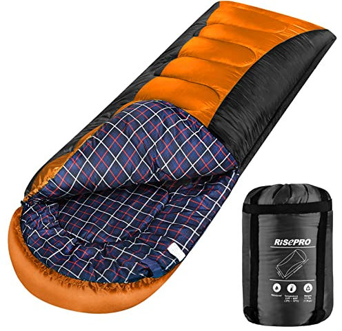 RISEPRO Schlafsack Leicht, tragbar, wasserdicht 3-4 Jahreszeiten für warmes kaltes Wetter Erwachsene, Kinder - drinnen, draußen, Camping, Backpacking, Wandern Schwarz und Orange