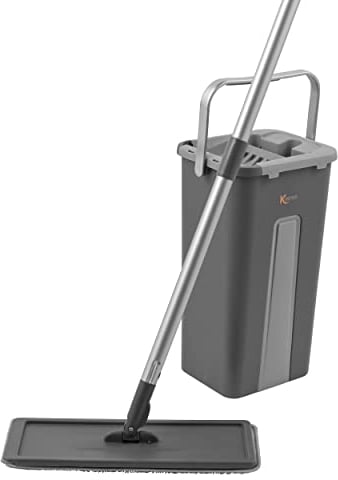 Kleeneze KL028145EU7 Mopa Plana Y Cubo Escurridor De 2 en 1, Cabezal Rotativa, Compartimientos Dual para Escurrir y Remojar, Rascador para Eliminar Suciedad, para la Mayoría de Suelos Duros, Gris